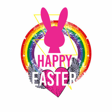 Happy easter. Pink rabbit silhouette t-shirt design with a circular rainbow and a winged heart. Gay pride.