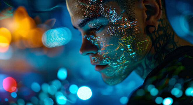 Close up face of a male hacker with linear halograms on his face, information cyber security concept