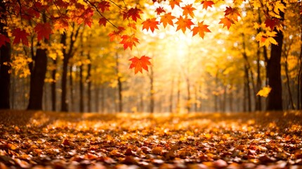 Leaves of fall gently tumble in a sunlit forest glade - obrazy, fototapety, plakaty