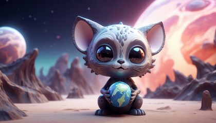 A lonely cute alien animal, similar to a cat, holds the planet in its paws - obrazy, fototapety, plakaty