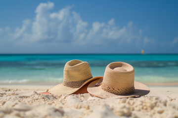 two summer holiday hats on the beach with sea view and sky
