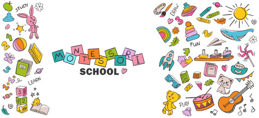 School or development center banner. Cute doodle hand drawn vector illustrations with toy, animal, kids activities, hopscotch. Childish cute preschool and school activity, education doodle background.