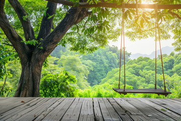 wooden terrace with wicker swing hang on the tree with nature background (2)