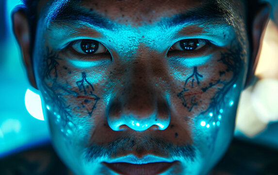 Close up face of asian male hacker with linear halograms on his face, information cyber security concept