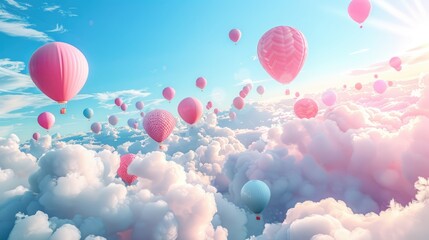 Surreal Balloon Dreamscape: Colorful Balloons Soar in Pink and Aquamarine Sky