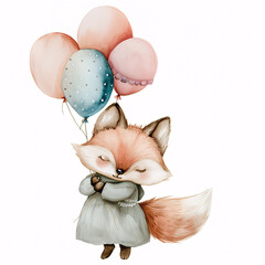 Cute fox in a dress with balloons, watercolor illustration - 761774323