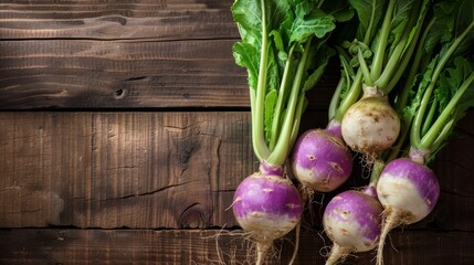 Group of Purple Turnips on Wooden Table