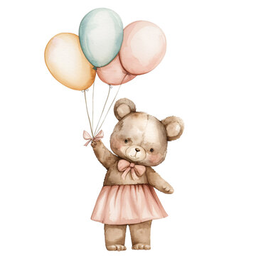 Cute bear in a dress with balloons, watercolor illustration