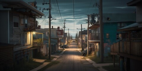 Outdoor color photo showing a long view of a narrow street in a modest neighborhood of wooden houses at dusk. From the series “North Dakota.