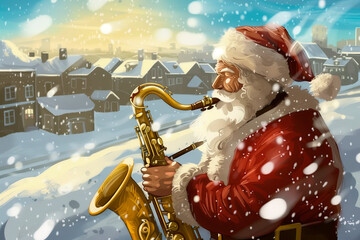 Santa Claus plays the saxophone in a cozy setting, capturing the joy, humor, and warmth of the Christmas holiday - obrazy, fototapety, plakaty
