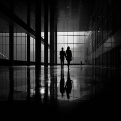 Black and white indoor photo of two people shown in silhouette walking through the public area of a modern office building. From the series “Art Film - Black and White."