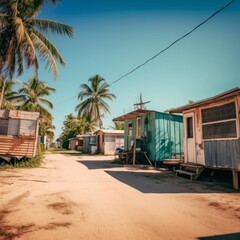 Realistic outdoor photo of a poor trailer park and cinder block buildings on a tropical beach under bright sunlight, ocean in the background. From the series “Tropicana."
