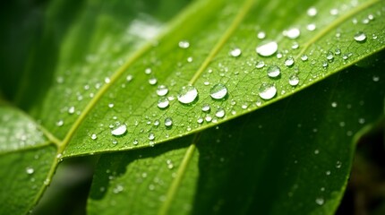 Luminous dew drops glisten on a lush green leaf 
