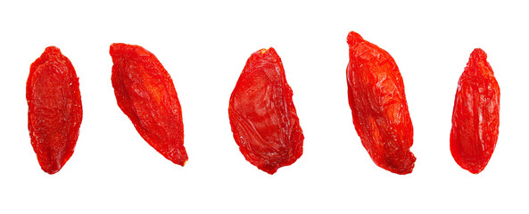 Set macro dried Chinese wolfberries, goji berries isolated on white background, top view
