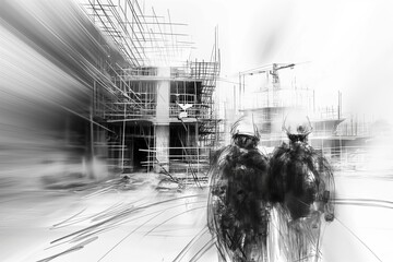 Sketch of new construction and blurry construction worker, construction background, construction worker, construction banner, construction building  