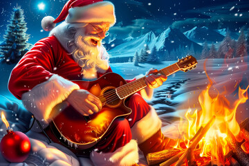 Obraz premium Santa Claus plays the guitar in an idyllic winter scene that captures the joy, humour and warmth of Christmas