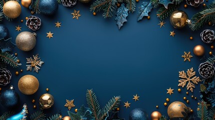 Festive Blue Frame with Copy Space for Christmas Greetings and New Year Wishes - Dark Holiday Decorations Background