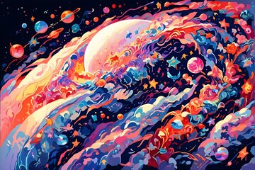 an abstract illustration of a swirling galaxy with planets, stars, and clouds