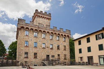 Firenzuola, Florence, Tuscany, Italy: the ancient fortress Palazzo Pretorio, seat of the town hall, in the village of the Apennine mountains - 761775589