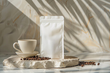 White blank coffee bag mockup. Coffee bag placed on marble stone with coffee beans - 761775703