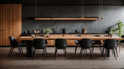Modern Kitchen featuring Stylish Black Chairs and Accents of Wood 