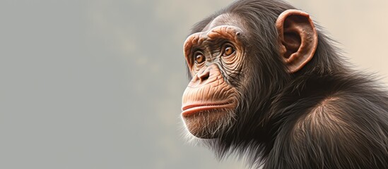 A Common chimpanzee, a primate and terrestrial animal, is staring at the camera against a gray background. Its fur, snout, and liver are visible in the closeup shot, showcasing its wildlife beauty - obrazy, fototapety, plakaty