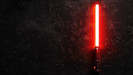 A vivid red light saber shines brightly against a cracked, dark textured backdrop, evoking sci-fi themes
