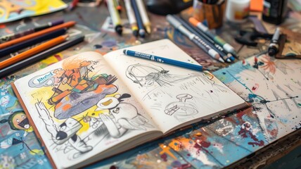 Open sketchbook with vibrant cartoon doodles, showcasing creativity and imagination - obrazy, fototapety, plakaty