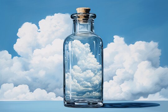 a glass bottle with a cork and a cloud reflection in it
