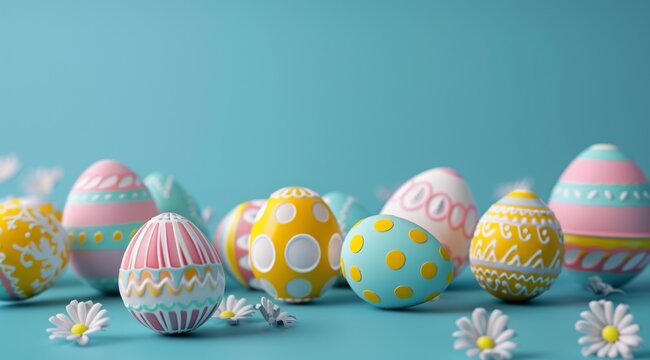 Easter eggs on a blue background with space for text with a turquoise and silver color scheme. Easter holiday themed image with easter eggs. Easter background for advertising, postcards, banners
