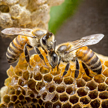 honey bees working on a honeycomb close up macro
