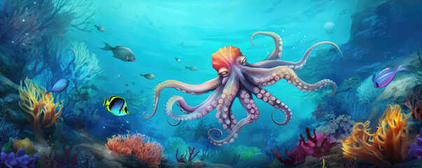 Colorful underwater scene featuring an octopus - obrazy, fototapety, plakaty