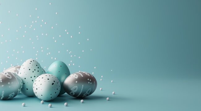Easter eggs on a blue background with space for text with a turquoise and silver color scheme. Easter holiday themed image with easter eggs. Easter background for advertising, postcards, banners