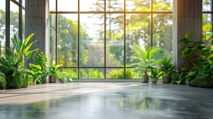 Fresh & Vibrant Office Oasis: A Bright Abstract Background with Lush Green Plants and Large Windows