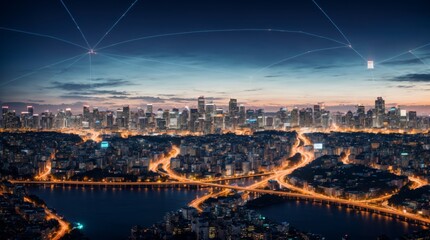 Network connectivity lines glowing over twilight cityscape view 