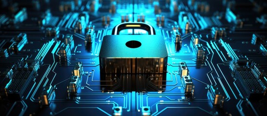 An electric blue lock is placed on a computer motherboard in a dark building. The automotive lighting adds an entertaining touch to the scene