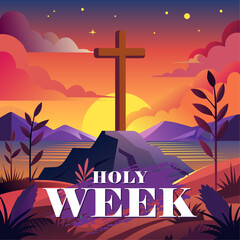 Holy week vectror illustration, good friday cross in a rock with sunset