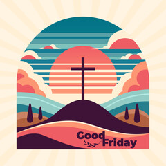 Naklejka premium Holy week good friday cross in a hill with sunset and clouds