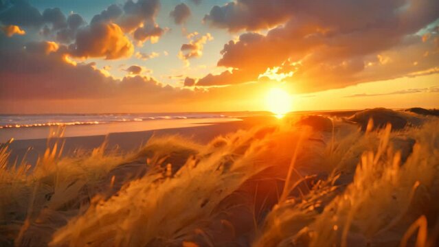 Sunset at the beach with golden dune grass in the foreground and flying birds in the distance. Peaceful coastal scenery concept.