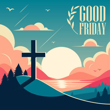 Vector illustration for Holy week good friday in a mountain and sunset