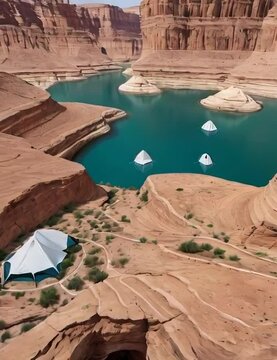 Create a transparent background image of a canyon with floating tents and campfires."