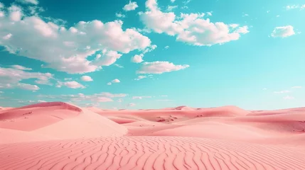 Türaufkleber Pink sand dunes under a pastel blue sky with fluffy clouds. Desert landscape background. Design for travel poster, wallpaper, and nature-themed graphics © Tatyana