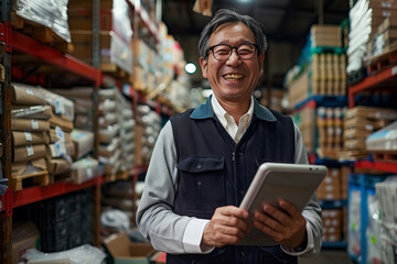 Japanese man worker in store warehouse using tablet and smiling