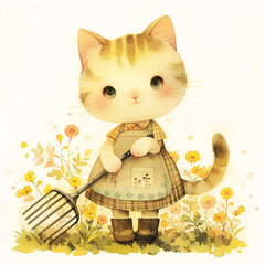 Kawaii cat with garden rake, watercolor illustration - 761777536