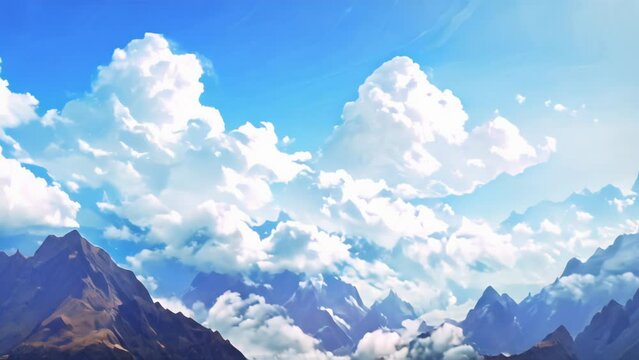 Mountainous landscape illustration with clouds and blue sky. Serene nature scene for background or wallpaper design