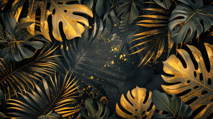Textures of abstract gold and black leaves for tropical leaf background	