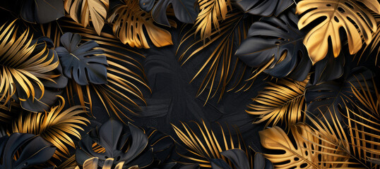 Textures of abstract gold and black leaves for tropical leaf background	