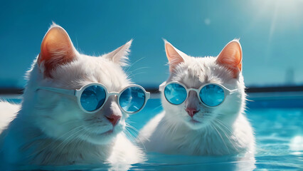 White cats in sunglasses swim in the pool. Summer holiday, panoramic view