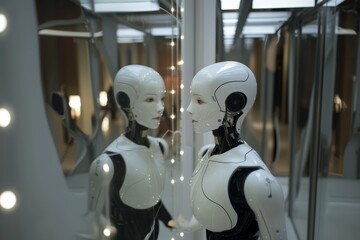 Artificial Intelligence Robot Contemplating Its Reflection in the Mirror.