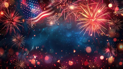 USA Independence Day Fireworks with AI-generated Celebration and American Flag Background